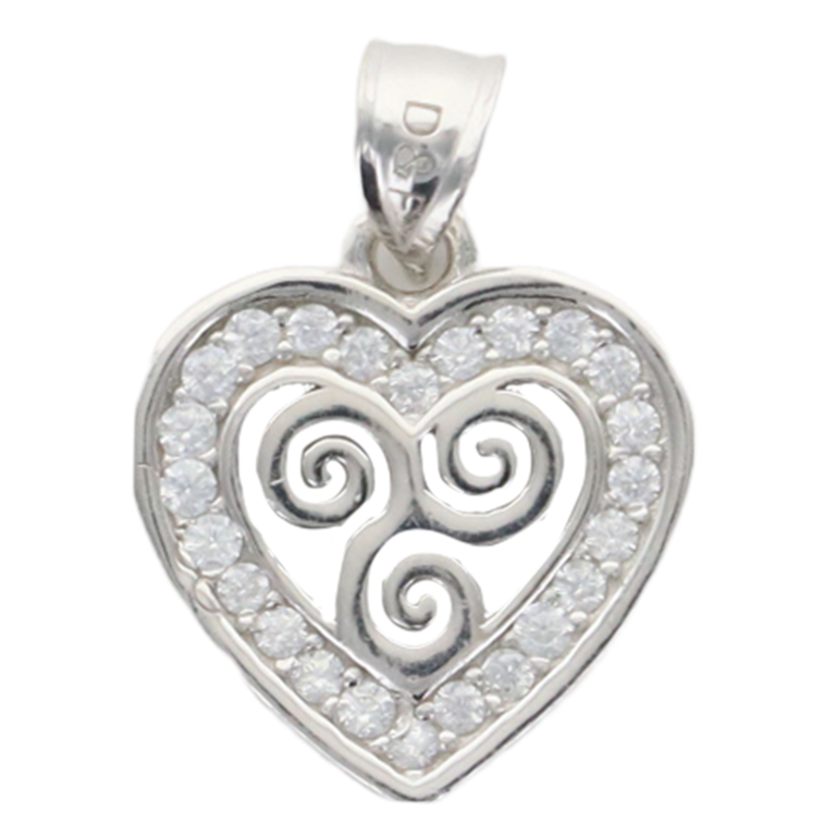Pendentif coeur avec triskel 1,5 cm en argent 925 °/°° Rhodié avec zirconium (1.2 g). Livré en boîte.