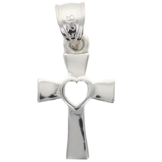 Croix de cou au centre coeur ajouré en argent 925 °/°° rhodié H 1.2 cm (0.70 g). Livrée en boîte. 