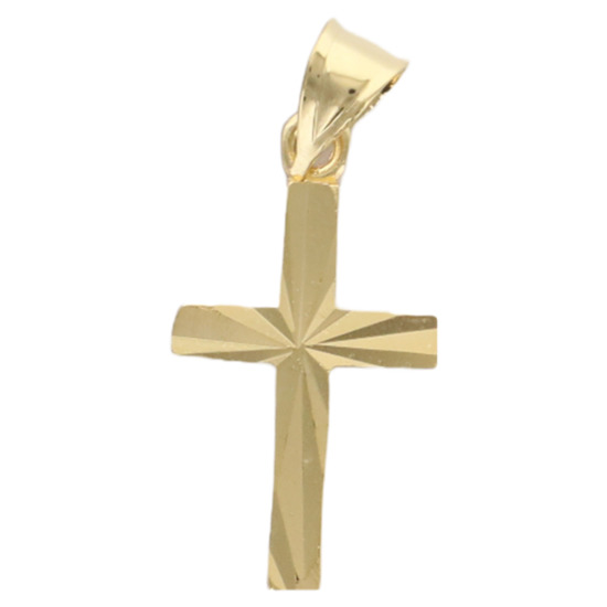 Croix de cou striée en plaqué or H. 1,4 cm. Livrée en boite