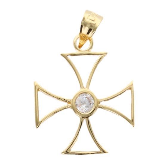 Croix de Malte en plaqué or, avec zirconium au centre H. 1,8 cm. Livrée en boîte.