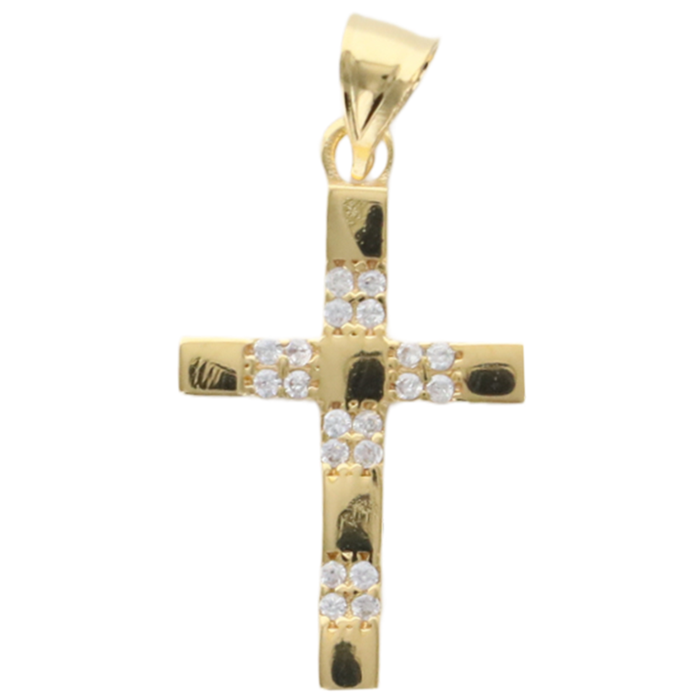 Croix de cou en plaqué or, avec zirconium H. 2 cm. Livrée en boîte. 