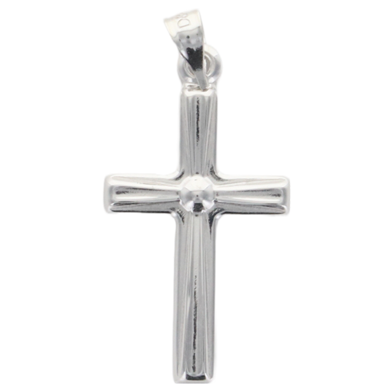 Croix de cou striée en argent 925 °/°° rhodié H. 2.30 cm (0.5 g). Livrée en boîte.     