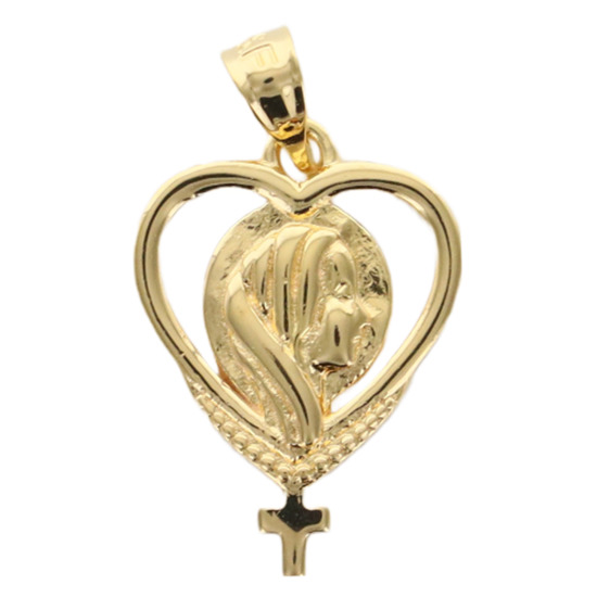 Pendentif ajouré forme coeur avec Vierge et croix en plaqué or H. 1,5 cm. Livré en boîte.  