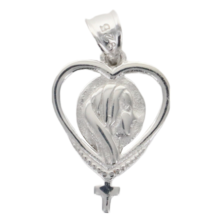 Pendentif ajouré forme coeur avec Vierge et croix en argent 925 °/°° rhodié H. 1,5 cm (1.1 g). Livré en boîte.  