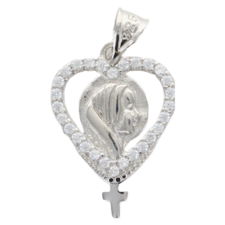 Pendentif ajouré forme coeur avec zirconium, Vierge et croix en argent 925 °/°° H. 1,5 cm  (1.1 g). Livré en boîte.