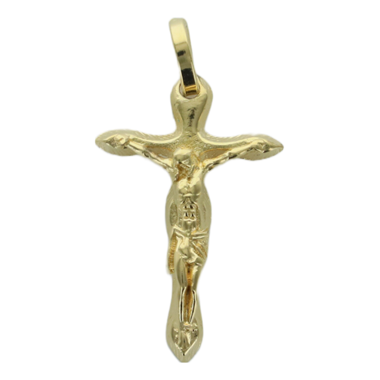 Croix de cou avec Christ en plaqué or,  H. 2 cm. Livrée en boîte.  