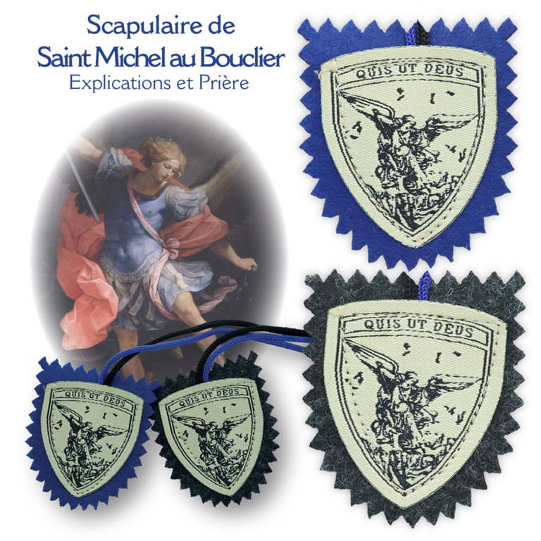 Scapulaire en tissus de saint Michel forme bouclier avec explication H. 4,5 x 5 cm. Livré en sachet individuel.