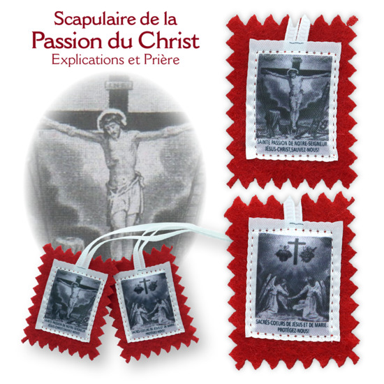 Scapulaire en tissus de la Passion du Christ avec explication H. 4,5 x 5 cm. Livré en sachet individuel.