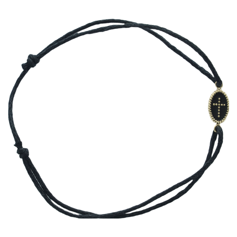 Bracelet sur corde noire réglable avec médaille et croix en plaqué or