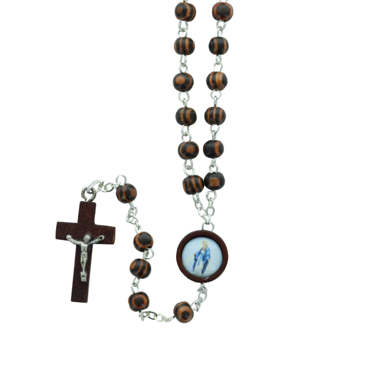 Chapelet grains bois, Ø 5 mm, chaîne couleur argentée avec croix avec Christ. Résine VM 