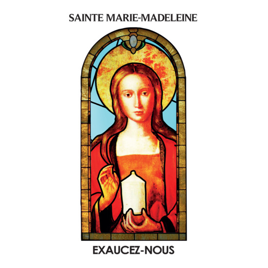 Autocollant Transparent "vitrail"" avec prière 10.5x6.5 cm pour bougie de neuvaine de Marie Madeleine rouge