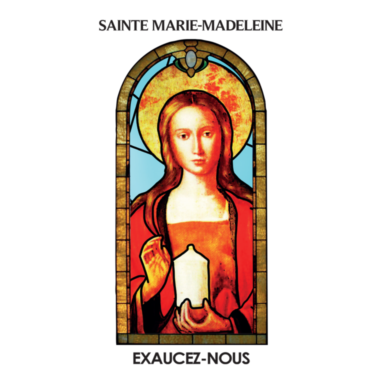 Autocollant BLANC "vitrail" avec prière 10.5x 6.5 cm pour bougie de neuvaine de Marie Madeleine rouge