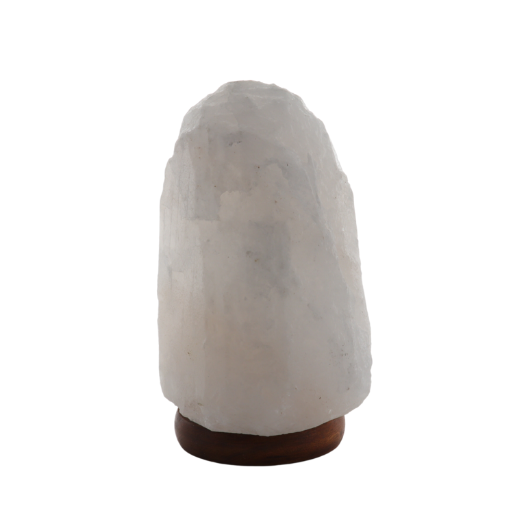 Lampe de sel de l´Himalaya blanche sur socle en bois avec cordon USB livrée en boite individuelle poids entre 2 - 3 kg.