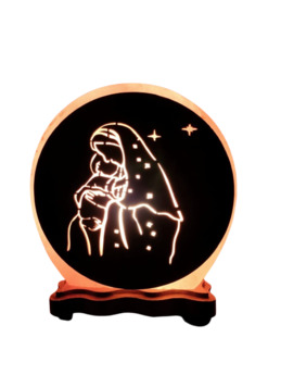 Lampe de sel de l´Himalaya forme ronde Ø 15 cm épaisseur 6,5 cm, décor 3D,  livrée en boite individuelle avec cordon et ampoule. Plusieurs saints