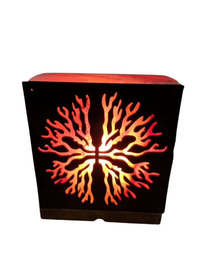 Lampe de sel de l´Himalaya carrée double arbre de vie H. 15 cm ép. 5 cm, livrée en boite individuelle avec cordon et ampoule. 
