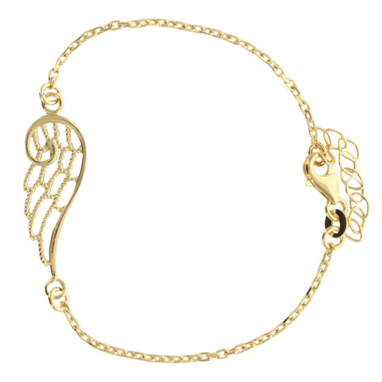 Bracelet en plaqué or ajustable sur chaine avec aile d'ange filigrane.  Livré en boîte.