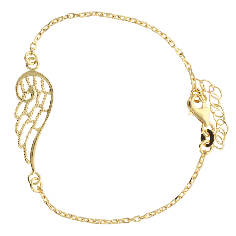 Bracelet en plaqué or ajustable sur chaine avec aile d'ange filigrane.  Livré en boîte.