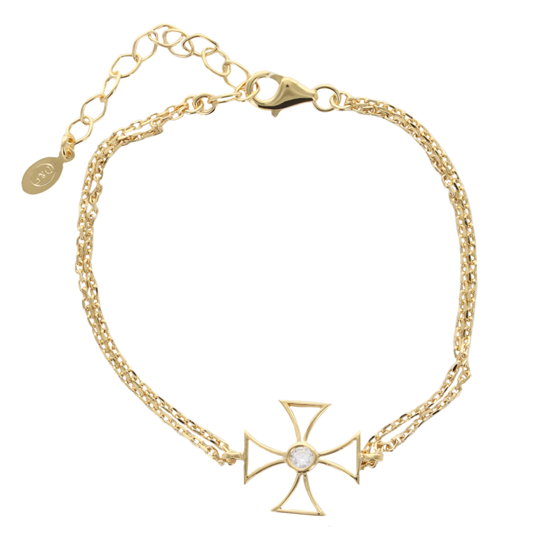 Bracelet en plaqué or ajustable sur chaine avec croix de Malte et ziconium au centre. Livré en boîte.