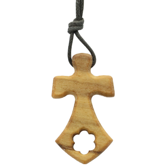 Croix du Carmel en bois d'olivier H. 3,5 cm avec cordon cuir 70 cm.