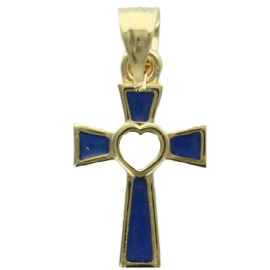 Croix émaillée avec coeur au centre, en plaqué or H. 1.3 cm, différentes couleurs. Livrée en boîte.