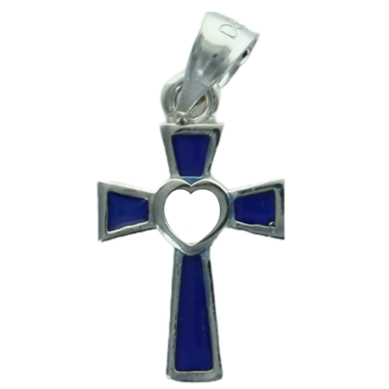 Croix émaillée avec coeur au centre en argent 925  °/°° H. 1.3 cm, différentes couleurs. Livrée en boîte.