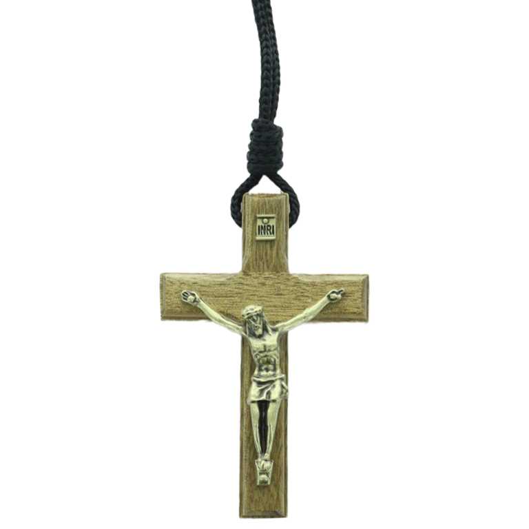Croix de cou en bois avec Christ métal couleur bronze H. 7 cm avec cordon 