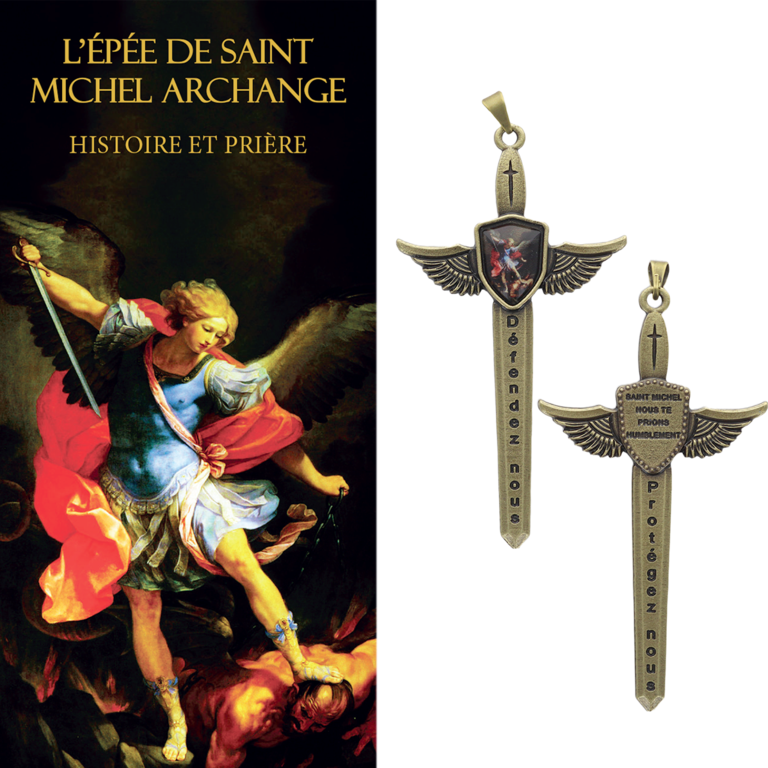 Pendentif épée de saint Michel 7 cm avec image prière