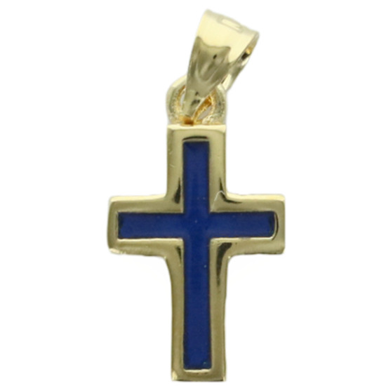 Croix de cou émaillée en plaqué or H. 1.3 cm, différentes couleurs. Livrée en boîte.