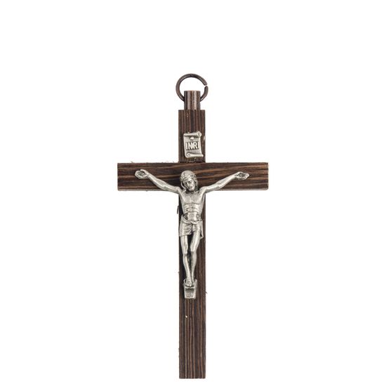 Crucifix bois foncé style palissandre avec Christ métal couleur argentée - H. 8 cm