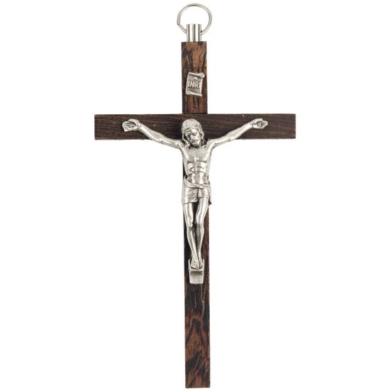 Crucifix bois foncé style palissandre avec Christ métal couleur argentée - H. 11 cm
