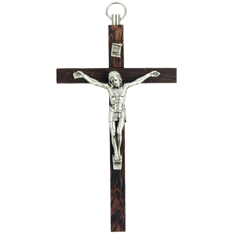 Crucifix bois foncé style palissandre avec Christ métal couleur argentée - H. 11 cm