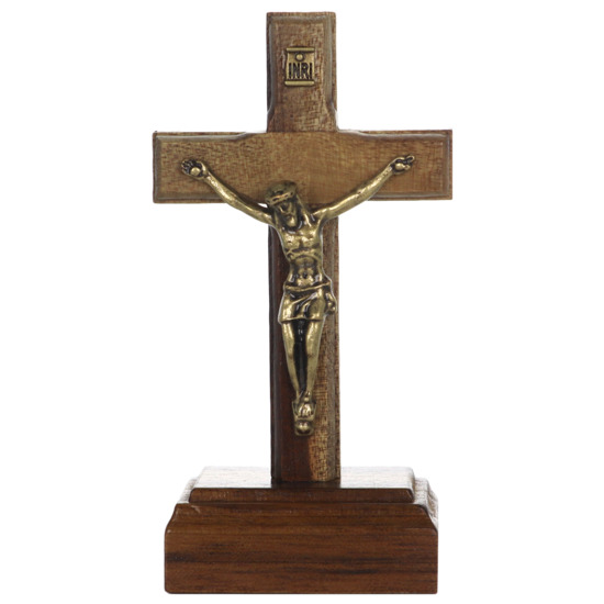 Crucifix en bois sur socle H. 8,5 cm avec Christ métal couleur bronze