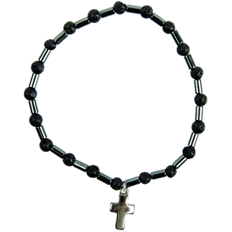 Bracelet sur élastique grains forme tube en hématite et pierre naturelle Ø 5 mm avec croix métal. 