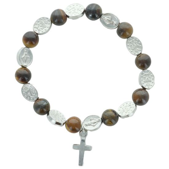 Bracelet dizainier sur élastique grains en pierre oeil de tigre et pater de saint Ø 1 cm. Plusieurs saints.