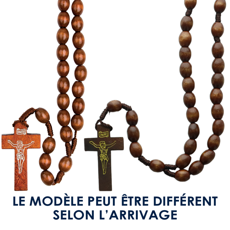 Chapelet sur corde grains en bois marron-clair Ø 10 mm ovale, longueur au cœur 30 cm, croix avec Christ imprimé. 