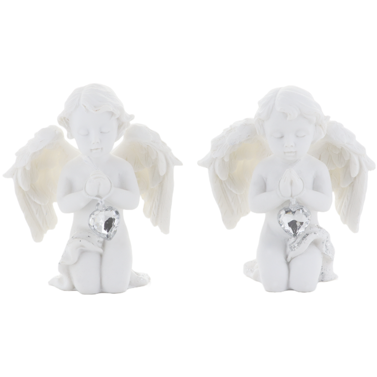 Boîte de 12 anges à genoux en résine avec coeur strass - H. 7.50 cm (6 lots de 2 anges assortis)