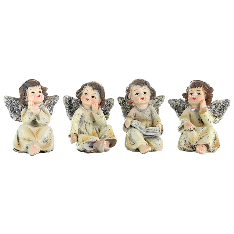 Boîte de 12 anges avec ailes pailletées H. 7 cm ( 3 lots de 4 anges assortis)