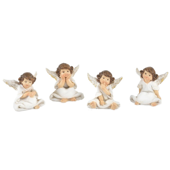 Assortiment d'anges assis en résine couleur blanc et or H. 4,3 cm  - LOT DE 4