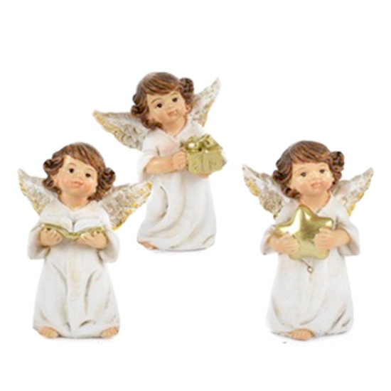 Assortiment d'anges en résine avec livre, étoile et cadeau couleur blanc et or H. 5,7 - 6 cm - L. 4,2 - 4,5 cm - LOT DE 3 