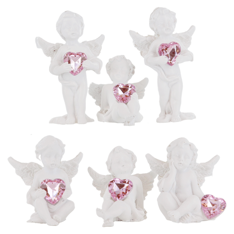 Boîte de 12 anges en résine avec coeur - H. 4-7 cm (2 assortiments de 6 anges différents)