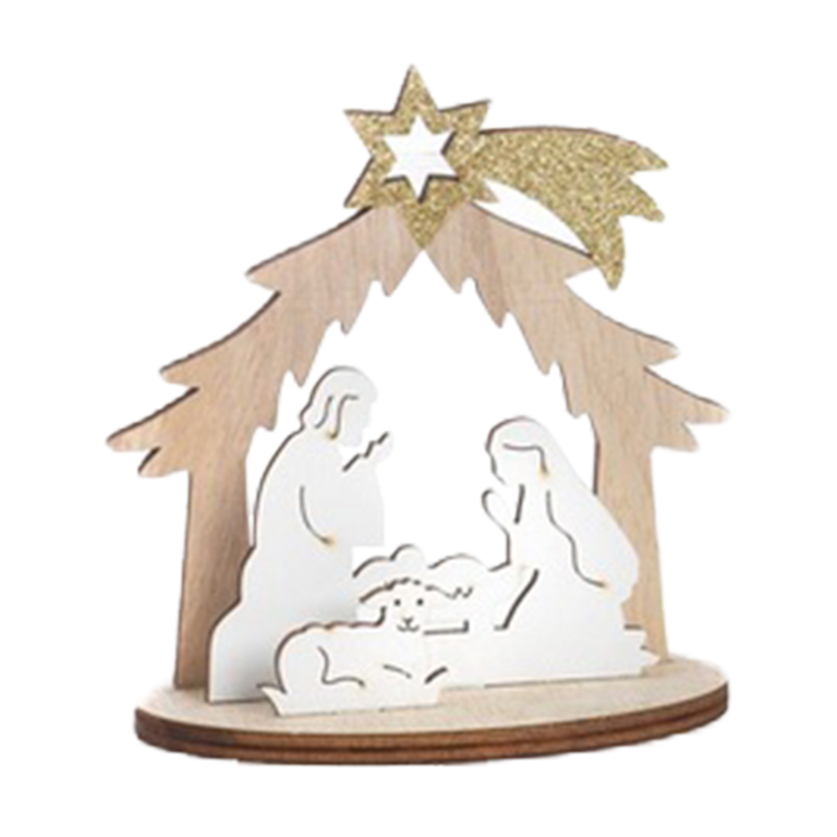 Nativité en bois sur support arche avec étoile couleur or et blanc H. 9,7 cm - L. 9,5 cm 