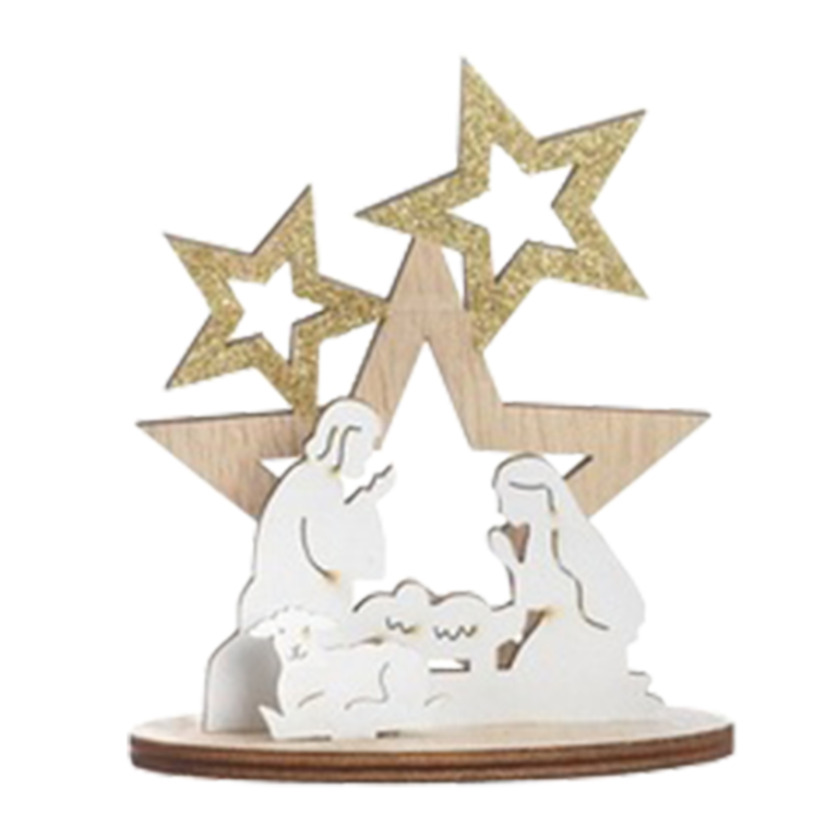 Nativité en bois sur support étoile couleur or et blanc H. 10,2 cm - L. 9 cm 