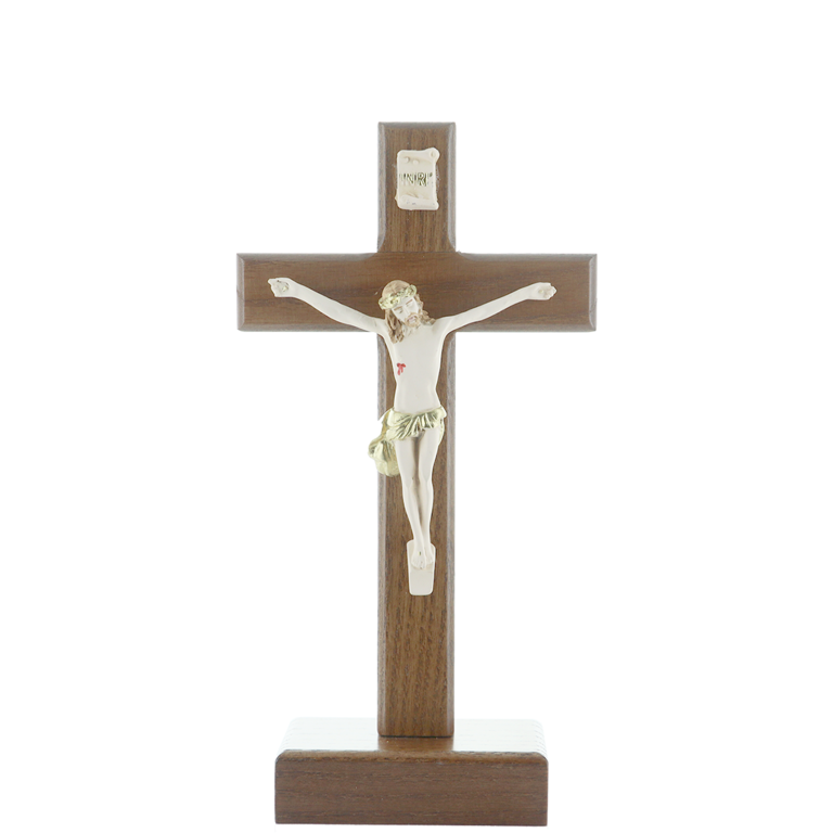 Crucifix en bois foncé sur socle avec Christ en résine style bois H. 15 cm