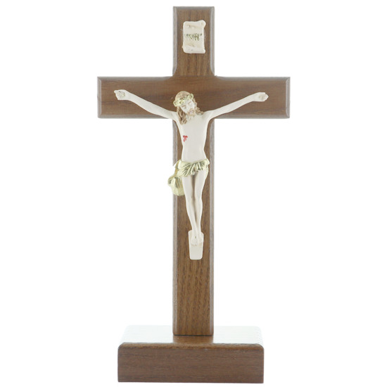 Crucifix en bois foncé sur socle avec Christ en résine style bois H. 19 cm