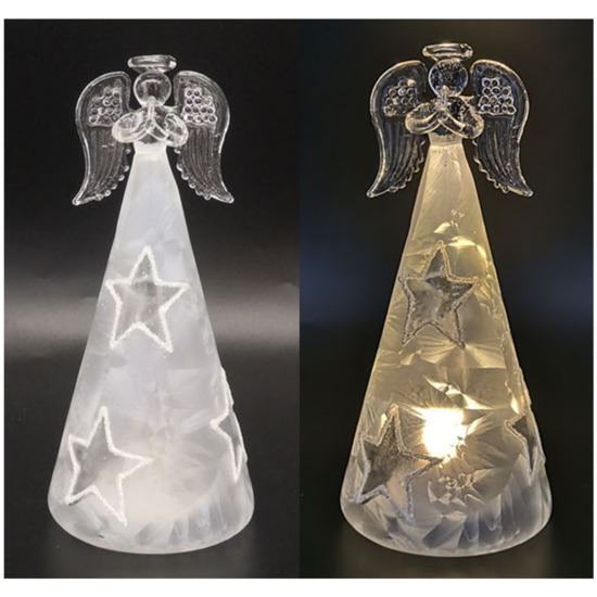 Ange en verre en prière robe lumineuse LED, opaque et transparente décorée avec des étoiles H. 15 cm, livré en boîte. 