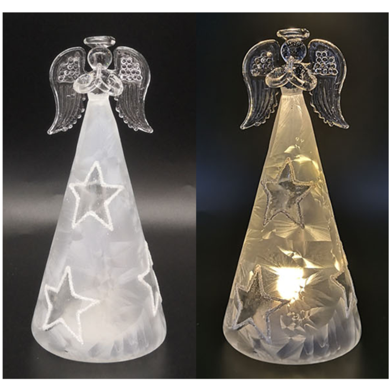 Ange en verre en prière robe lumineuse LED, opaque et transparente décorée avec des étoiles H. 15 cm, livré en boîte. 