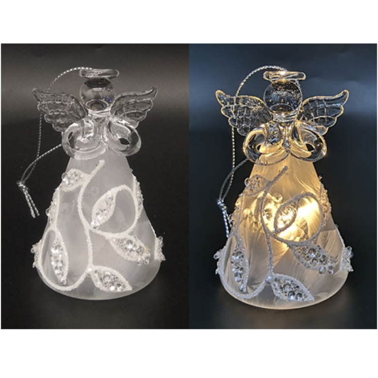 Ange en verre en prière robe lumineuse LED opaque avec liseret blanc et strass, H. 8 cm.