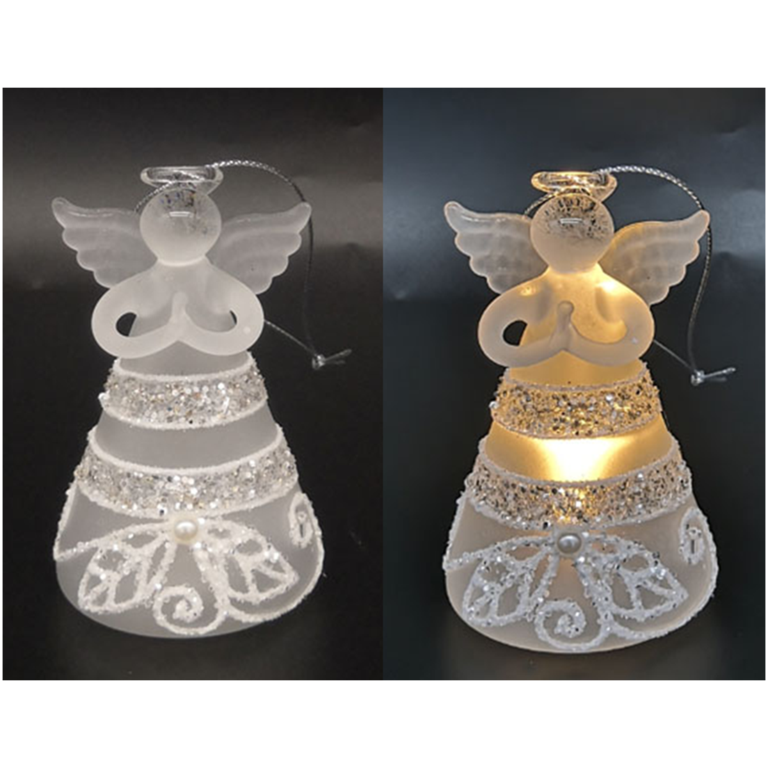 Ange en verre en prière robe lumineuse LED opaque avec décoration blanche et strass, H. 8 cm.