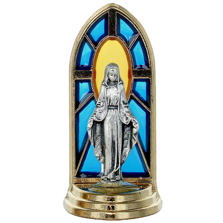 Mini statue métal couleur dorée avec vitrail - Hauteur 4,2 cm, plusieurs saints.