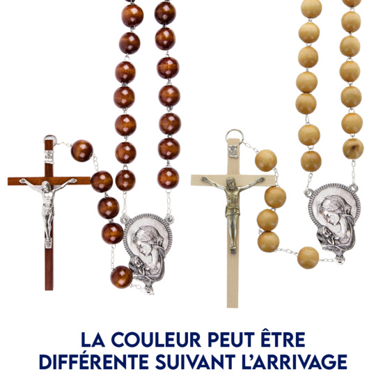 Chapelet du pèlerin grains en bois, Ø 20 mm, chaîne couleur argentée,  longueur au cœur 72 cm, croix avec Christ.